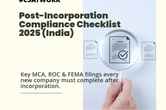 Checklist of post-incorporation compliances for Indian companies in 2025 including Form INC-20A, ADT-1, share certificate issuance, FEMA filings, and annual ROC returns under the Companies Act, 2013.