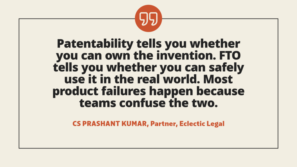 Quote image stating: ‘Patentability tells you whether you can own the invention. FTO tells you whether you can safely use it in the real world. Most product failures happen because teams confuse the two.’ — Prashant Kumar.