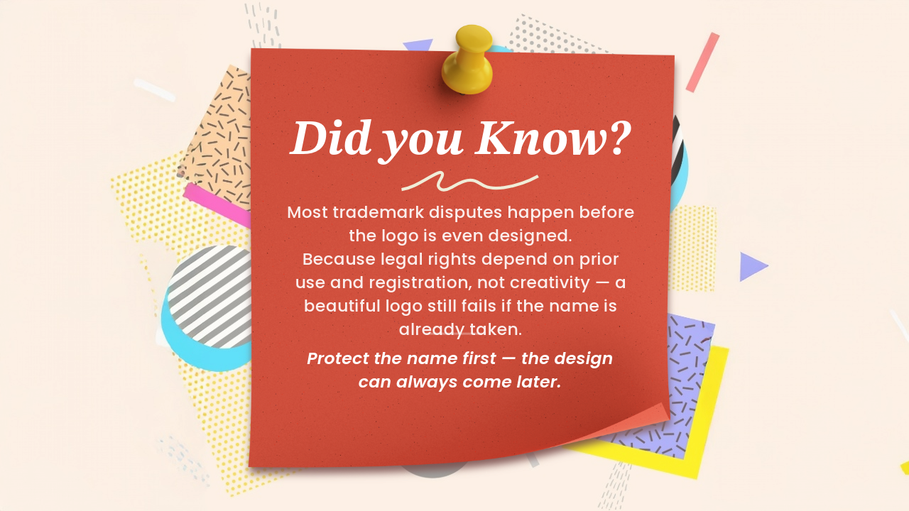 A branding graphic highlighting that most trademark disputes occur before logo design, emphasising the importance of trademark searches over creative design.