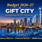 Budget 2026 and GIFT City skyline with financial growth charts and IFSC theme