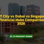 Comparison of GIFT City IFSC, Dubai DIFC, and Singapore MAS as leading global financial hubs in 2026 showing tax, regulation, infrastructure, and investment advantages.