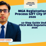 Step-by-step flowchart showing the 10-stage MGA registration process in GIFT City IFSC under IFSCA Managing General Agents Regulations 2026